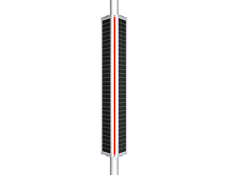 Cylindrical solar pole panel module with integrated red ambient lighting for urban roads