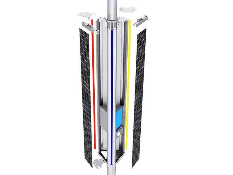 Exploded view of Solar Pole Street Light showing internal modular battery, controller, and solar panels