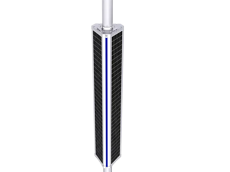  Close-up of Solar Pole Street Light featuring vertical blue LED decorative indicator strips