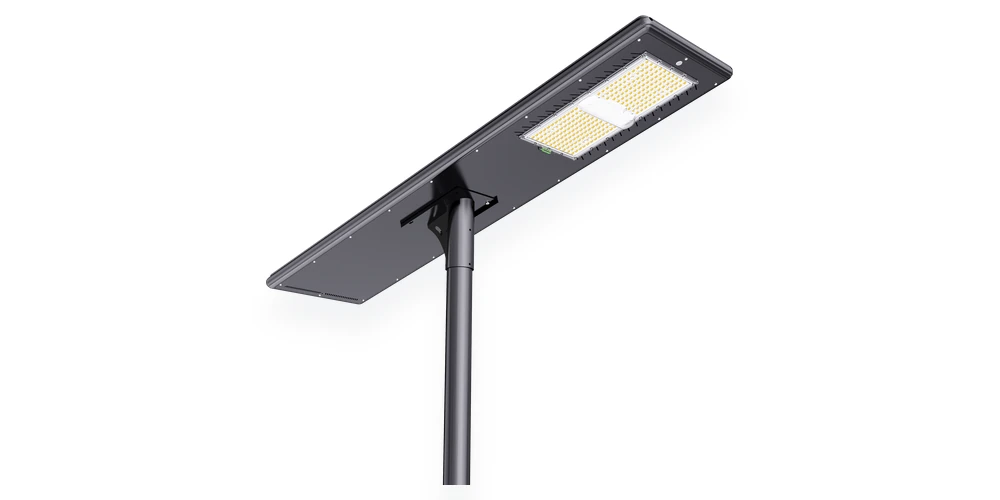 RoadSmart all-in-one solar street light on pole showing luminaire, solar panel and battery assembly