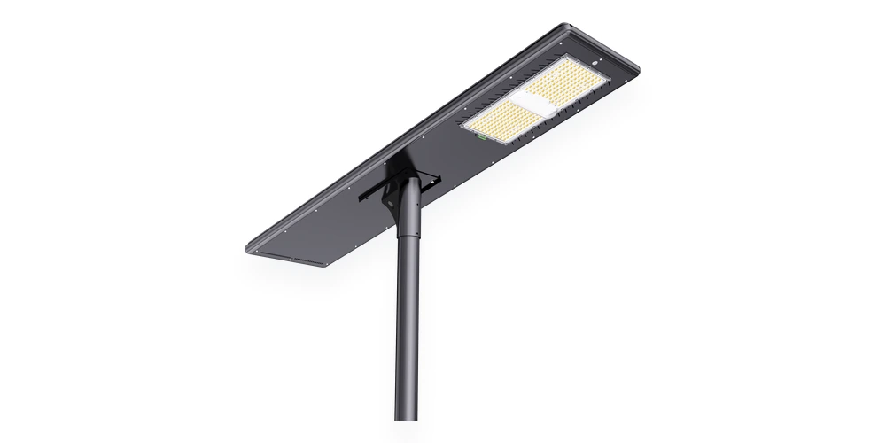 Solar parking lot light configuration with integrated solar panel for parking area lighting