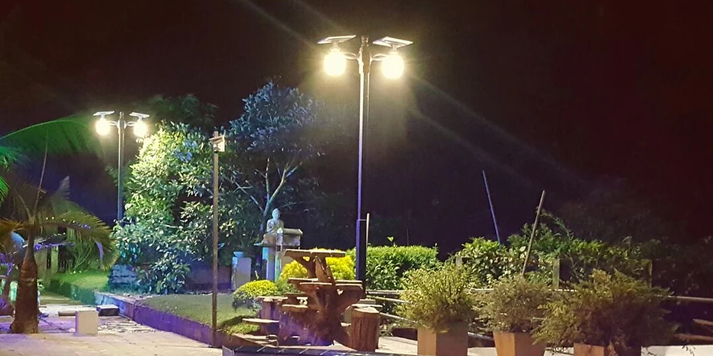 Solar garden lights providing warm night-time illumination in a landscaped garden project