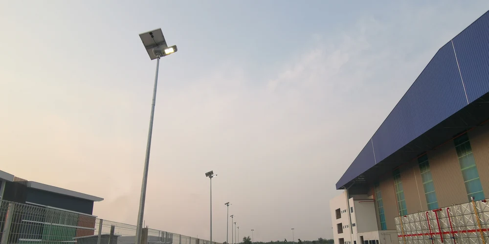 Solar Flyhorse Light FH120 installation along an industrial park road in Malaysia