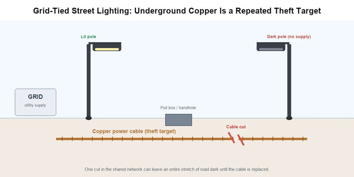 Diagram of grid-tied street lighting where a buried copper cable is a repeated theft target