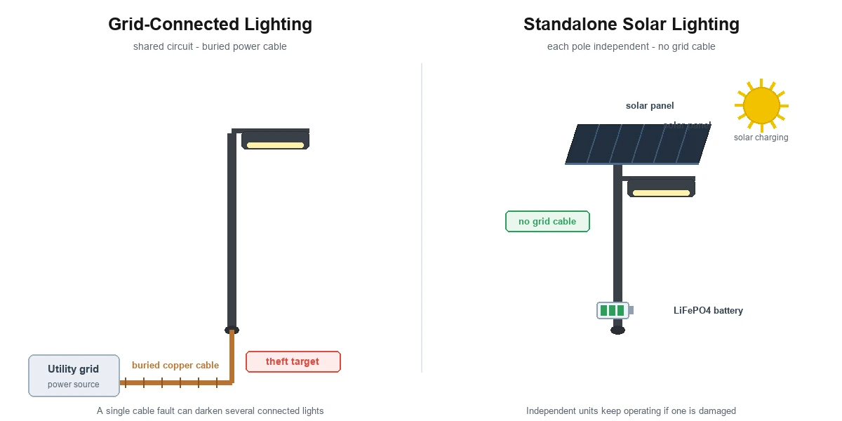 Comparison of grid-connected lighting with a buried cable and standalone solar lighting with local battery storage