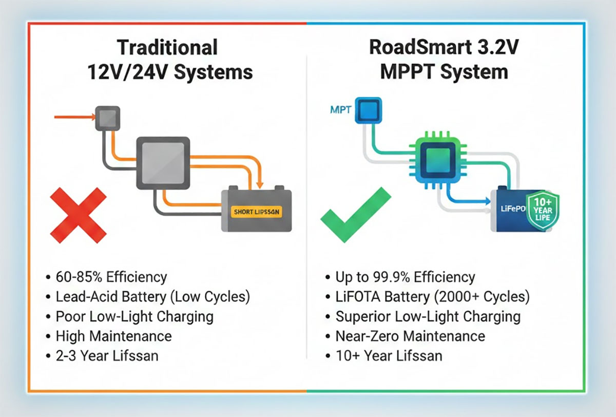 3.2V MPPT vs 12V 24V solar street light system comparison chart