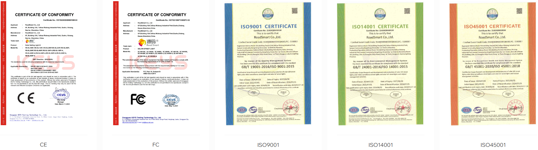 Certificate of Roadsmart Solar Street lights