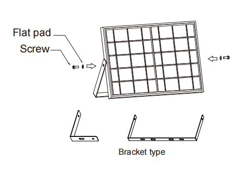 The bracket is aligned with the holes on both sides of solar panel, and fixed by screw and washer The bracket is aligned with the holes on both sides of solar panel, and fixed by screw and washer
