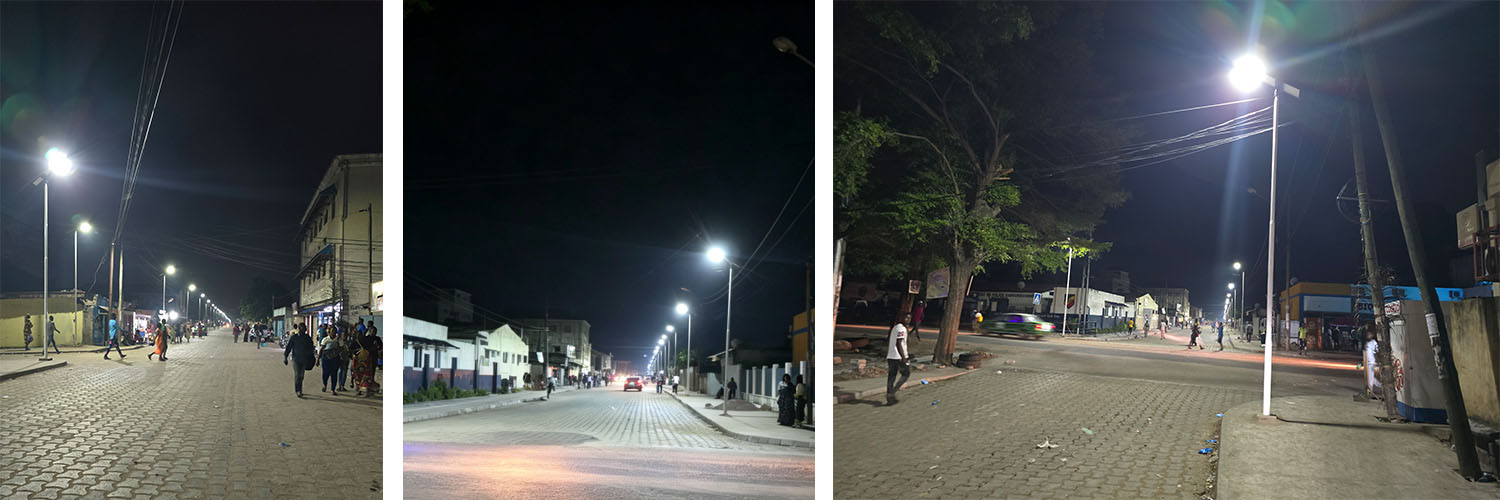 all in one solar street light illuminating road at night, demonstrating 5-7day rainy weather operation capability