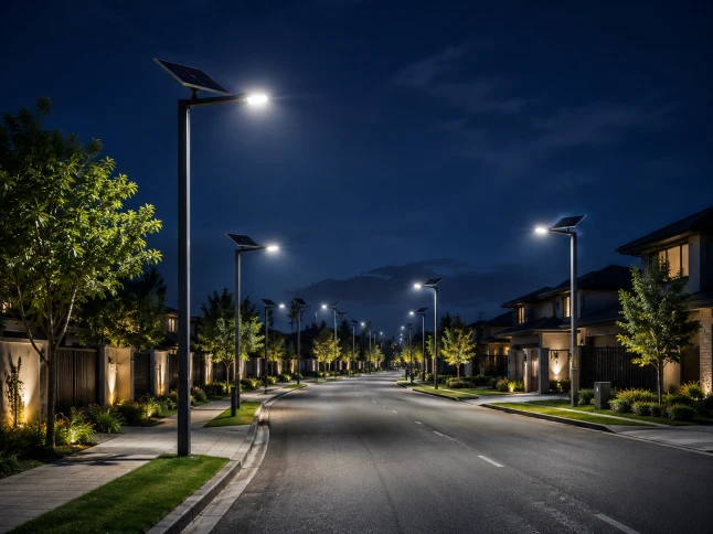 Residential street lighting night safety scene