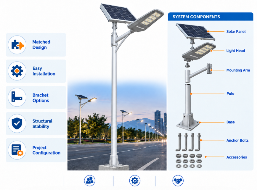 Complete solar street light pole bracket system