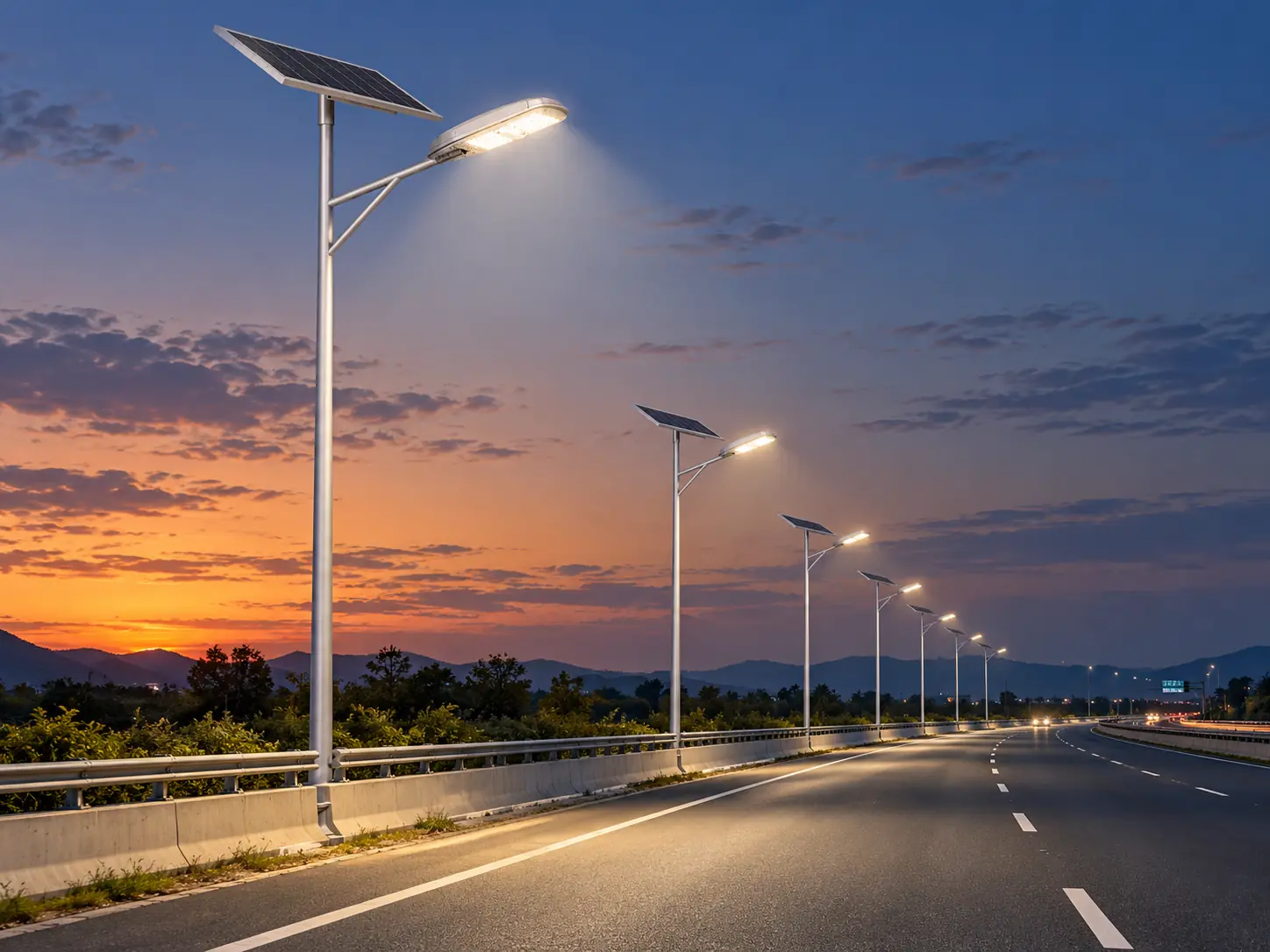 Solar street lights installed along a highway at dusk