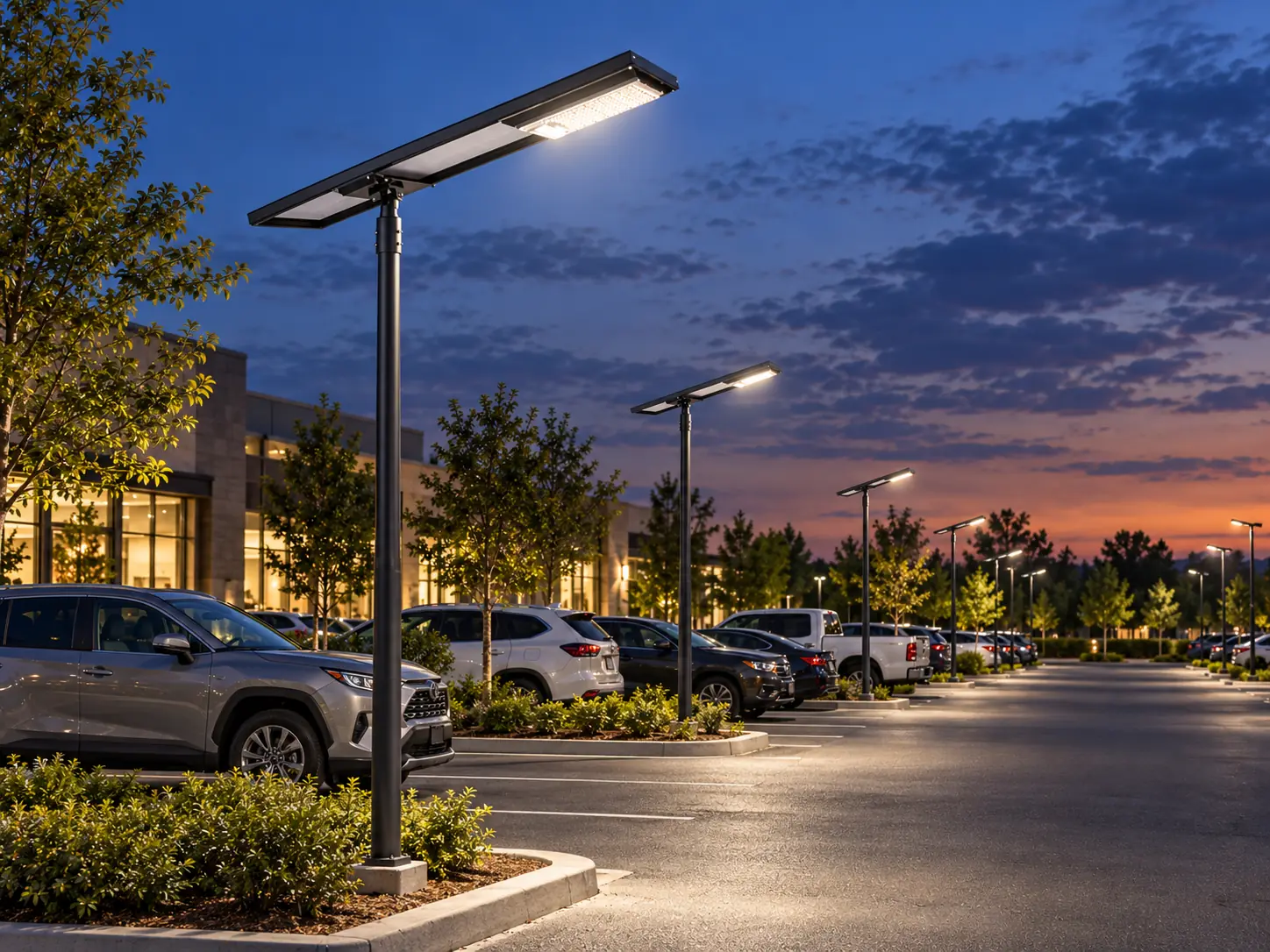 Smart solar street lights illuminating a parking lot at dusk
