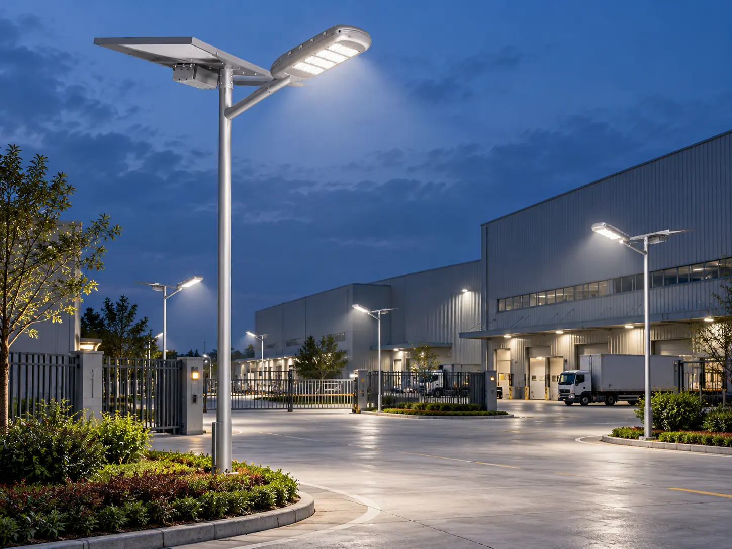 Solar street lights illuminating an industrial park road at night