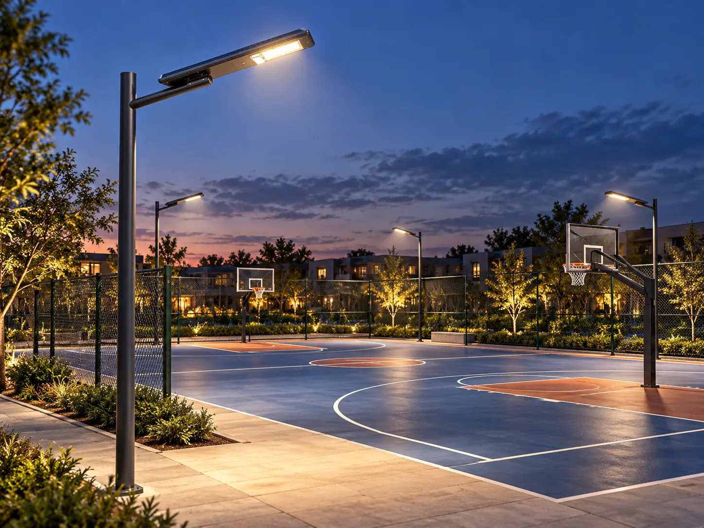 Solar lighting installed around an outdoor basketball court at dusk